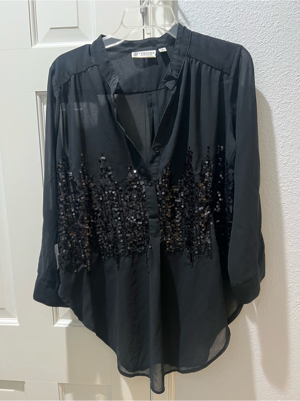 Versona Black Sheer Sequin Panel Tunic Style Blouse 3/4 Sleeve Size Large